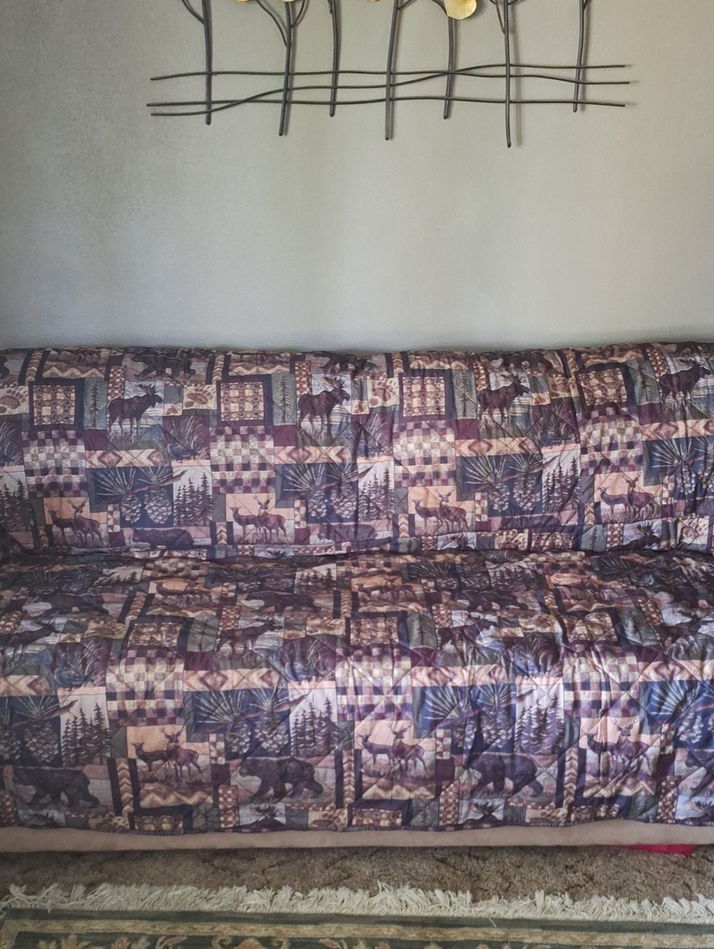 Patchwork Cabin-Print Quilted Sofa Throw in Brown and Burgundy